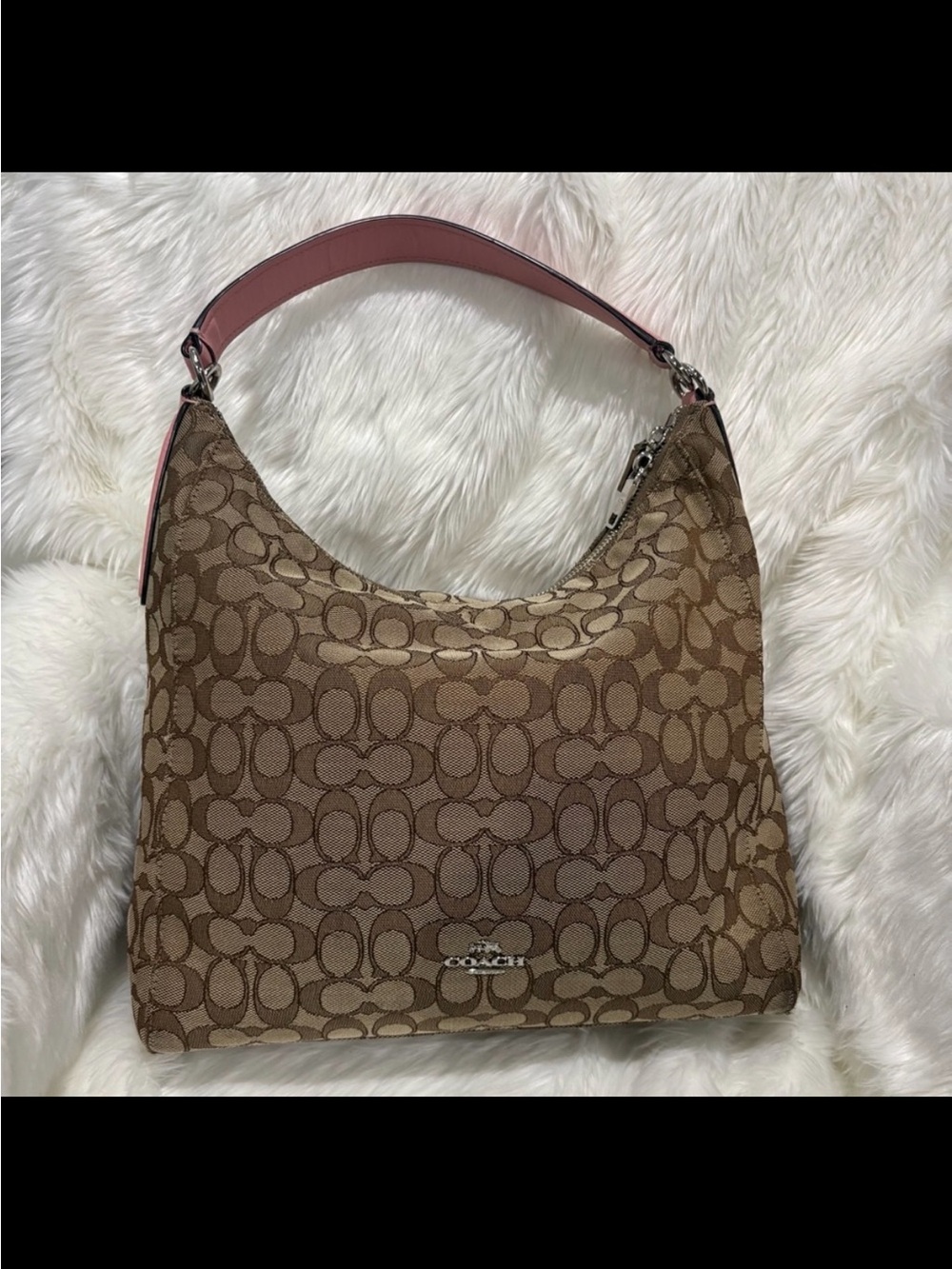 Coach Brown Signature Canvas Shoulder Bag with Pink Strap